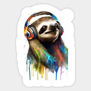 Sloth Watercolor Painting - Sloth Listening to Music Sticker